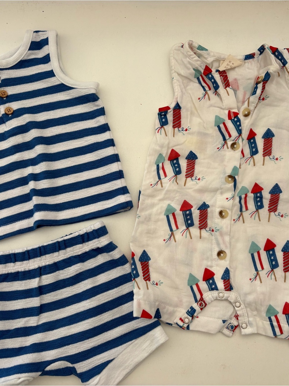 Kids Matching Set - Blue Stripe Tank & Shorts with Firework Print Romper